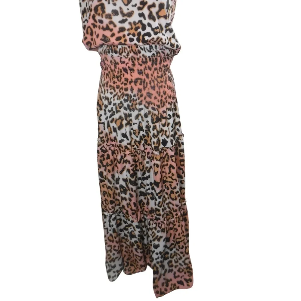Buddy Love Leopard Print Maxi Dress Pink Orange Ombre Smocked Tiered Large NWT